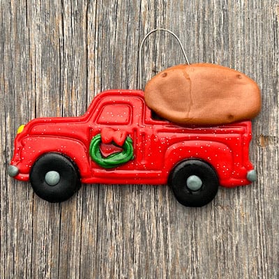 Tis The Season Christmas Ornaments 1 potato Red truck with famous potatoes
