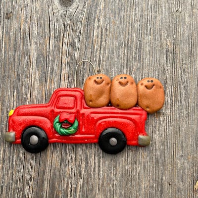 Tis The Season Christmas Ornaments 3 potatoes Red truck with famous potatoes