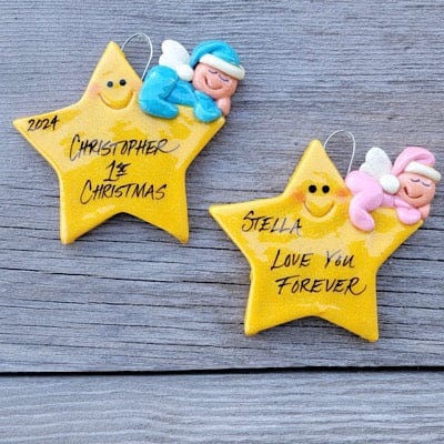 Tis The Season Christmas Ornaments Baby, 1st Christmas Baby Angel sleeping on a star Christmas Ornament