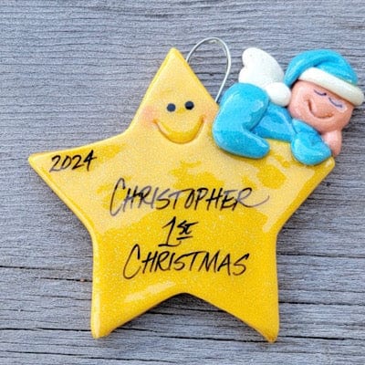 Tis The Season Christmas Ornaments Baby, 1st Christmas Blue Baby Angel sleeping on a star Christmas Ornament