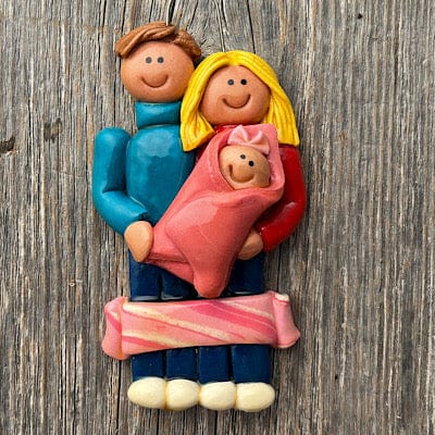 Tis The Season Christmas Ornaments Pink Baby / Hair Brown(M)/Blonde(F) Couple with Newborn Baby Christmas Ornament