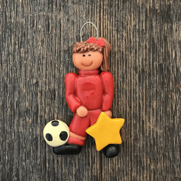 Tis The Season Christmas Ornaments Sports Red / Brown Junior Soccer Player Girl Christmas Ornament