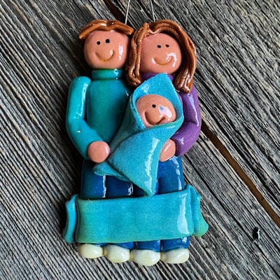 Tis The Season Christmas Ornaments Blue Baby / Hair Brown(M)/Brown(F) Couple with Newborn Baby