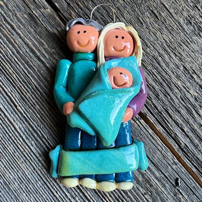 Tis The Season Christmas Ornaments Blue Baby / Hair Gray(M)/Gray(F) Couple with Newborn Baby