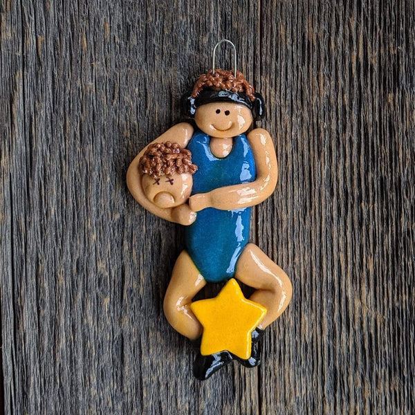 Tis The Season Christmas Ornaments Blue / Brown Wrestler Ornament Brown Hair