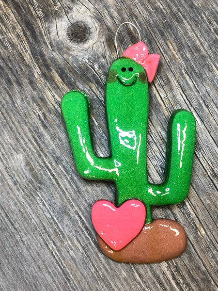 Tis The Season Christmas Ornaments Cactus Girl with Pink Bow