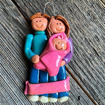 Tis The Season Christmas Ornaments Pink Baby / Hair Brown(M)/Brown(F) Couple with Newborn Baby